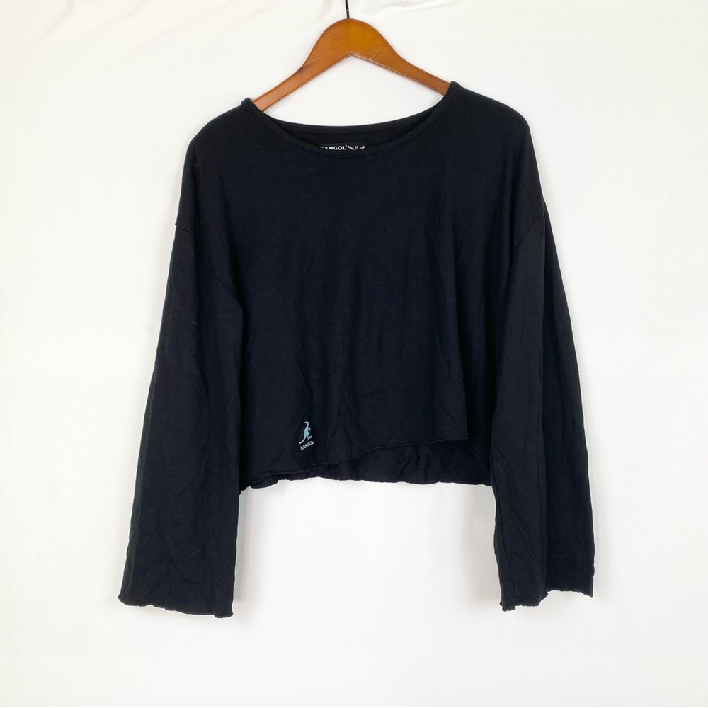 Kangol Embroidered Long Sleeve Black Crop Top Size XL Stretchy Casual Rekaxed‎